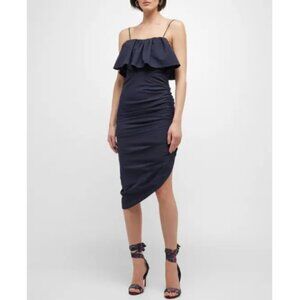 CINQ À SEPT 'Christa' Ruched Ruffle-Overlay Midi-Dress, Navy Blue